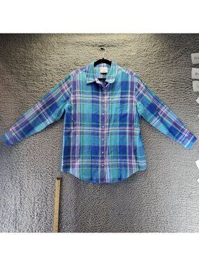 Westbound Shirt Womens Large Blue Plaid 100% Linen Button Down Lightweight